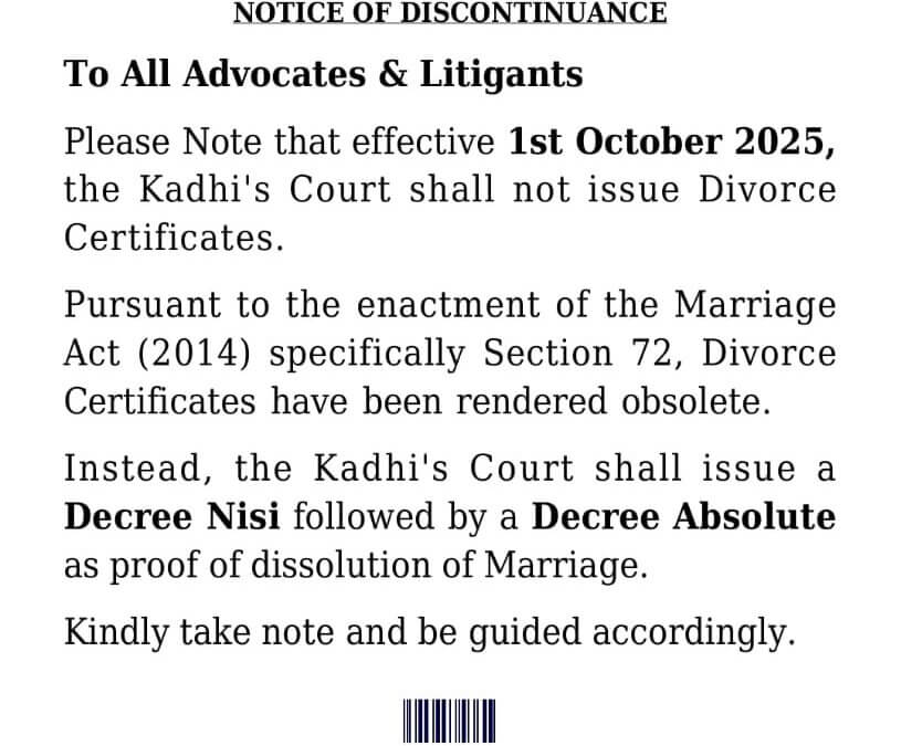 Changes to Divorce Certificates in Kadhi’s Courts